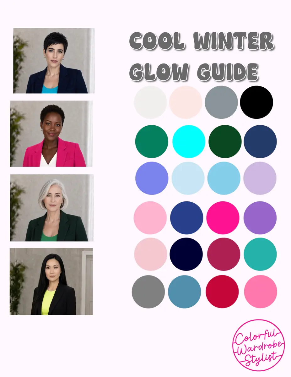 Cool Winter Glow Guide palette with jewel tones, grays and brights beside four portraits of women in bold winter-toned outfits.