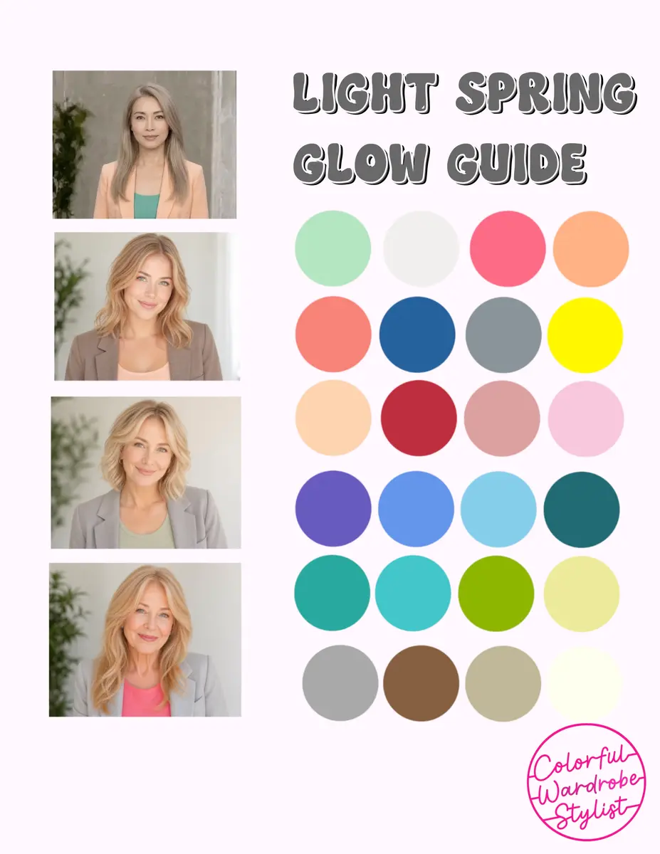 Light Spring Glow Guide palette with mint, coral, yellow, teal and neutral swatches beside four portraits of blonde women in blazers.