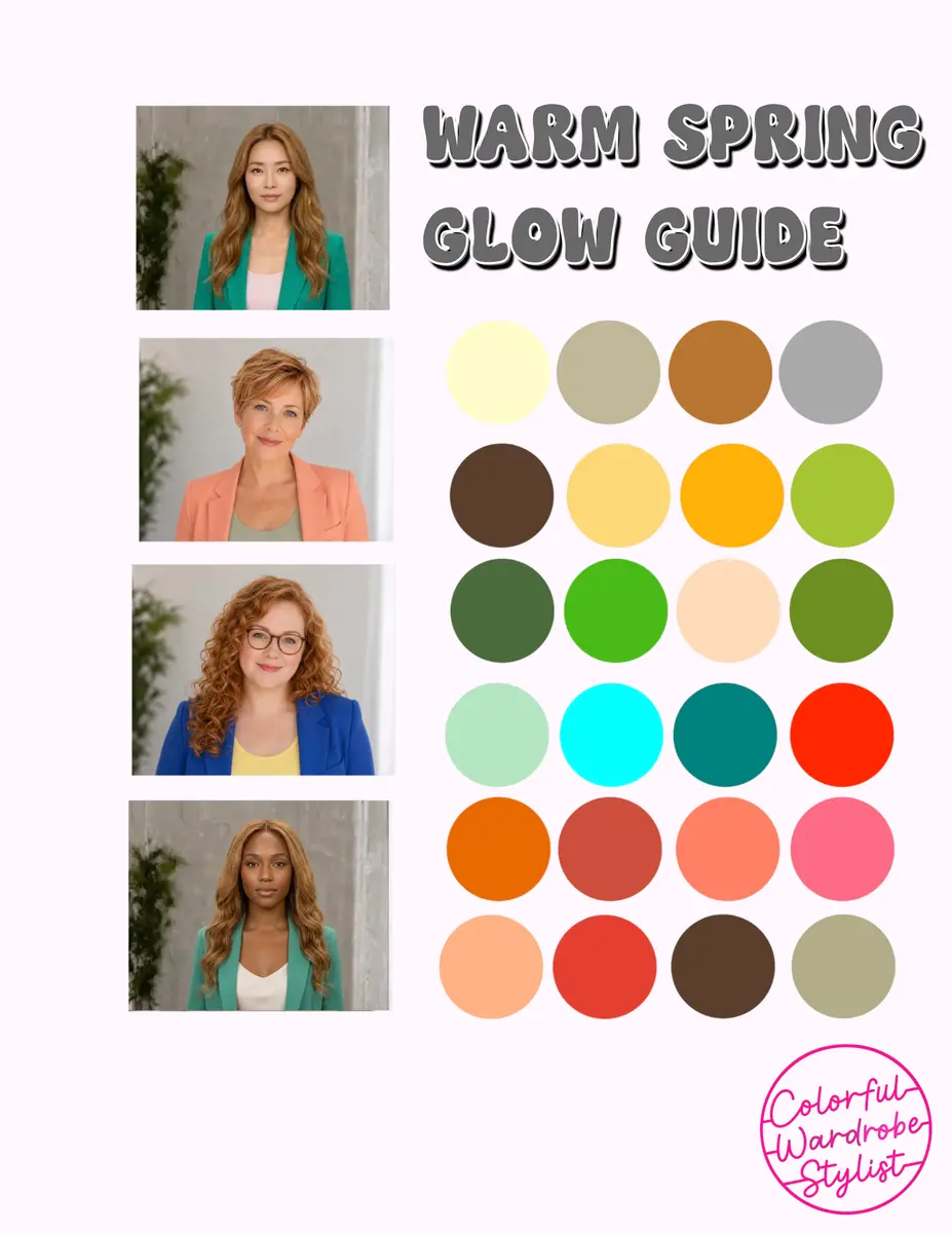 Warm Spring Glow Guide with four women in colorful blazers beside a palette of warm ivory, gold, green, coral, and teal swatches.