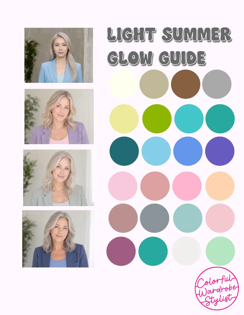 Four portraits of a woman in soft blazers beside a "Light Summer Glow Guide" palette of pastel and muted color swatches.