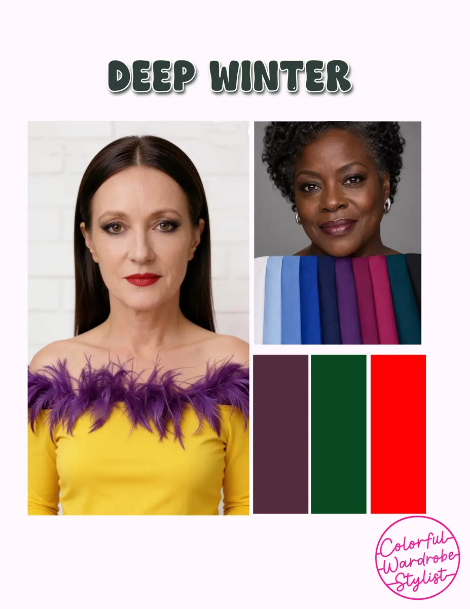 Deep Winter color analysis board with two women's portraits, a fabric swatch strip, and plum, green, and red color blocks.