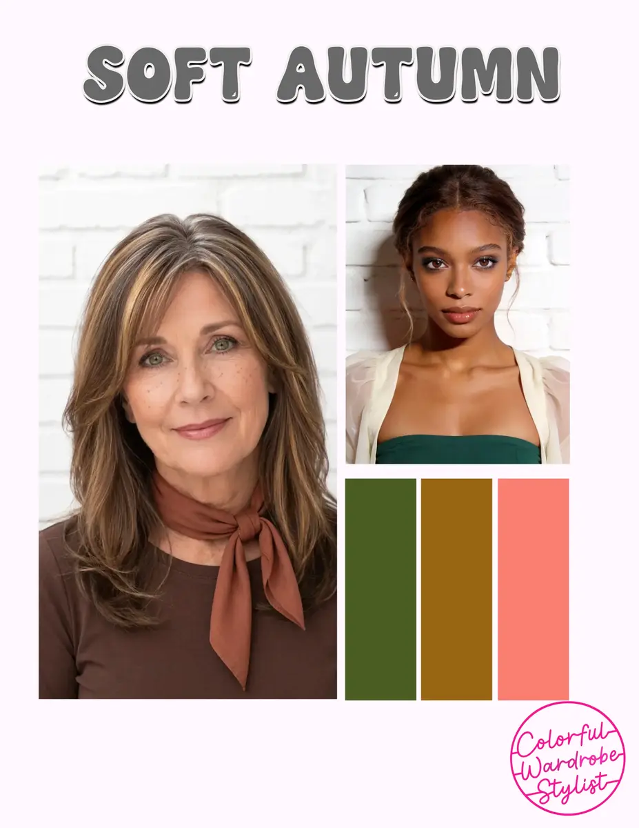 Soft Autumn palette board with two women's portraits and swatches in olive green, mustard gold, and coral.