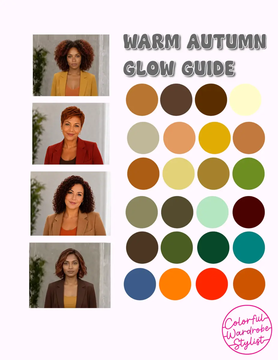 Warm Autumn Glow Guide palette with warm browns, oranges, golds and teals beside four portraits in autumn-toned outfits.