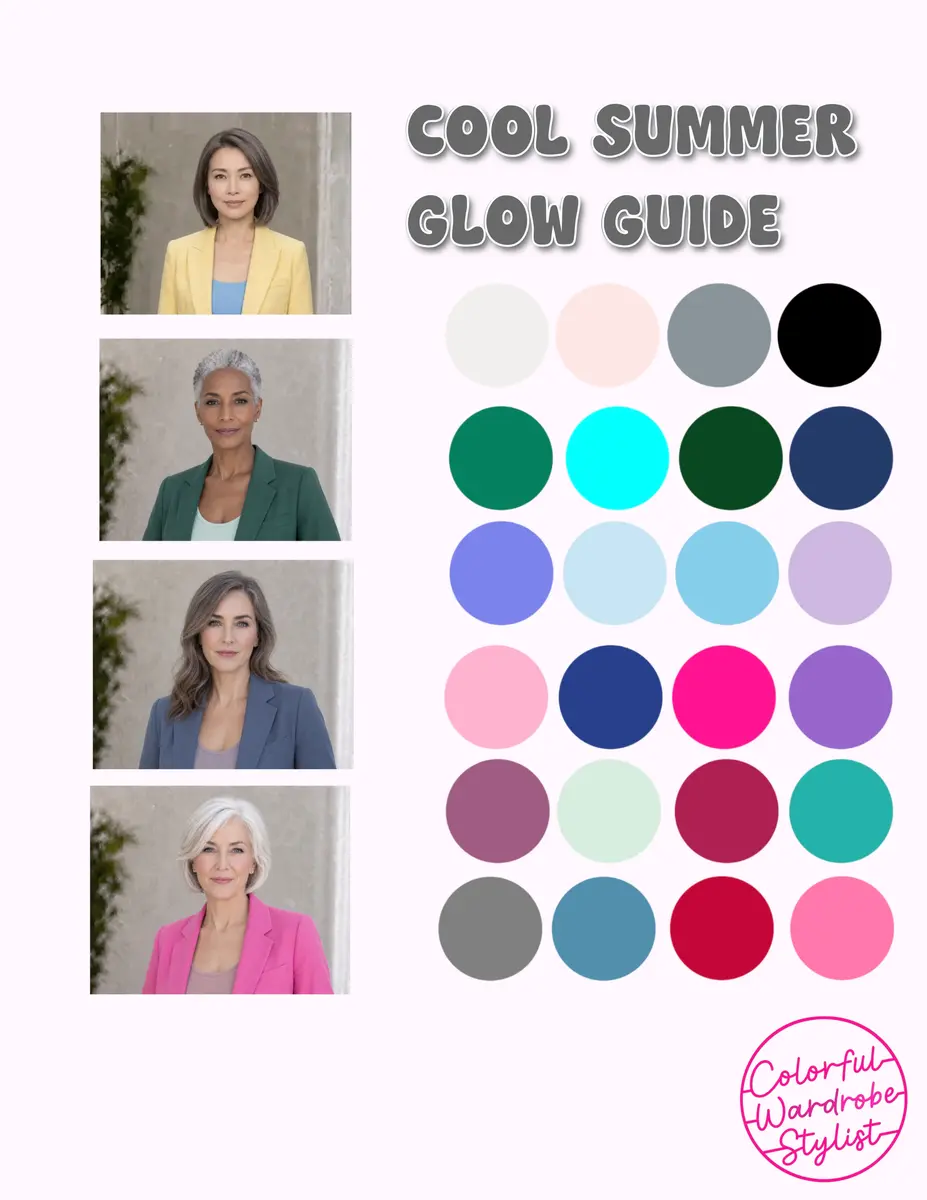 Cool Summer color palette guide with jewel-tone and pastel swatches beside four women modeling coordinating outfits.