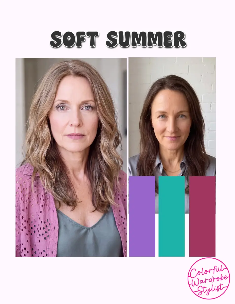 Two women with wavy and straight brunette hair styled in soft summer colors, beside purple, teal, and magenta swatches.
