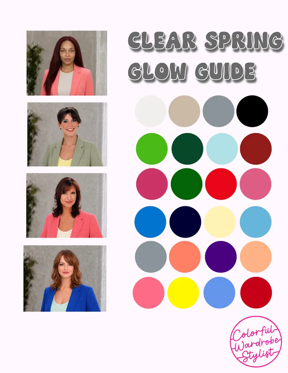 Clear Spring Glow Guide palette with bright neutrals plus vivid greens, reds, blues and pinks, alongside four portraits in colorful outfits.