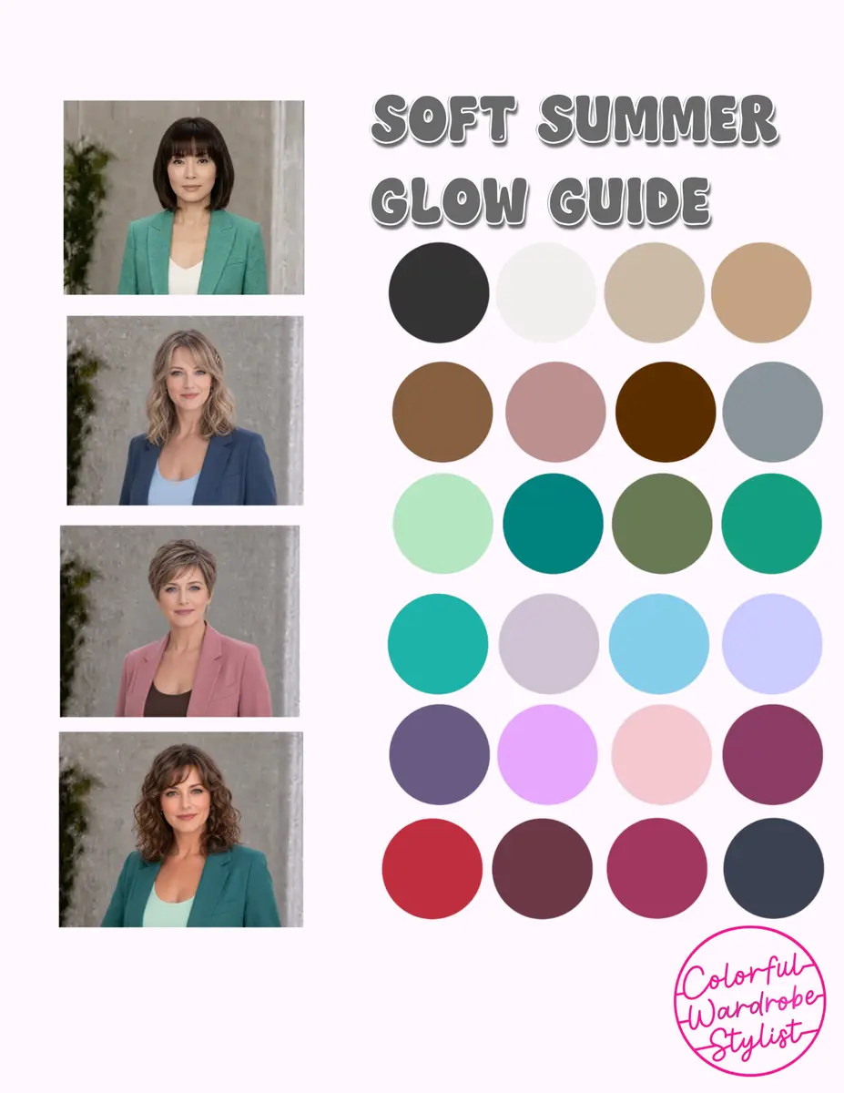 Soft Summer Glow Guide palette with muted teals, mauves, grays and berry tones beside four women in coordinating jackets.