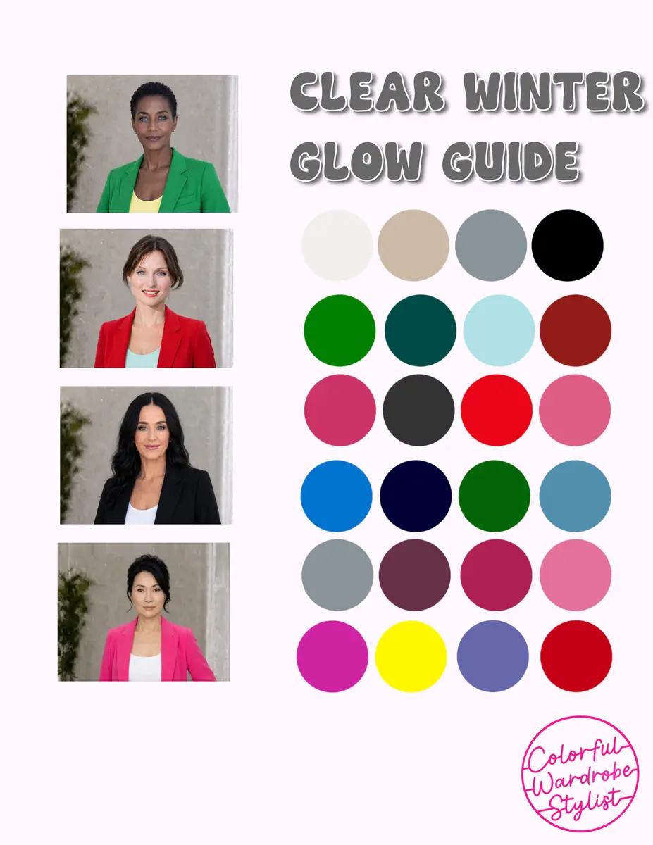 Four portrait photos beside a "Clear Winter Glow Guide" color palette of 24 swatches in bright, high-contrast jewel tones.