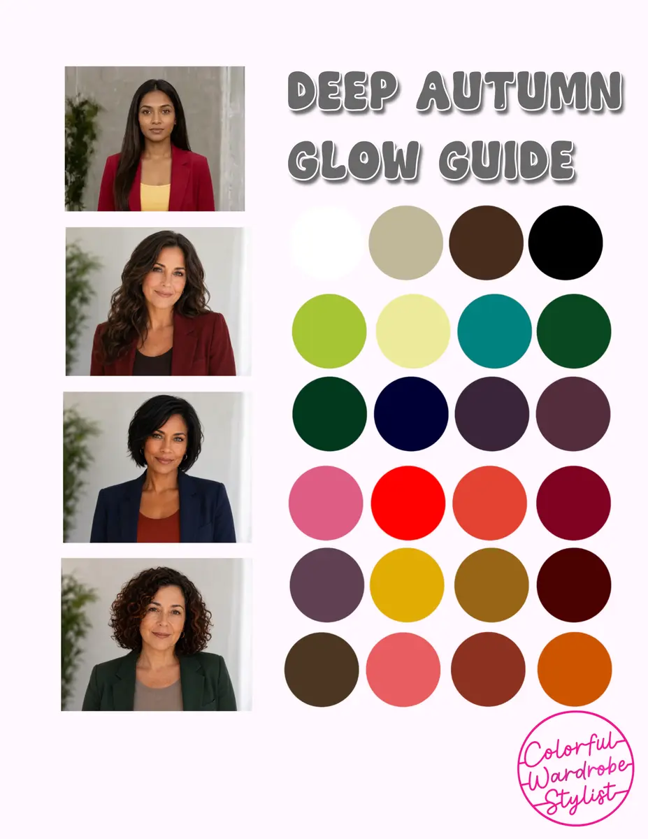 Deep Autumn Glow Guide palette with olive, chocolate, teal and jewel-toned swatches beside four women in rich-colored outfits.