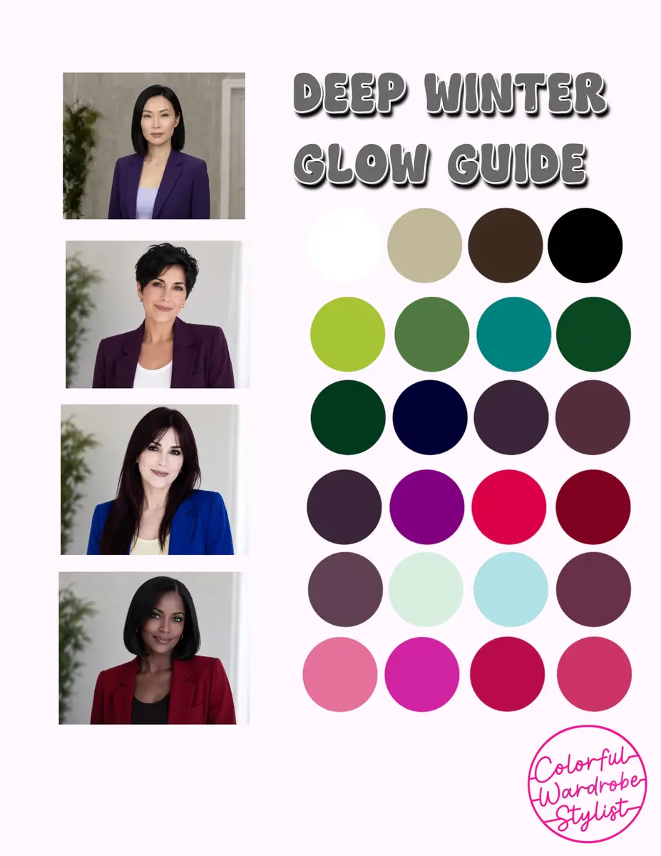 Deep Winter Glow Guide palette with jewel-toned swatches beside four portraits of women in rich purple, blue and red blazers.